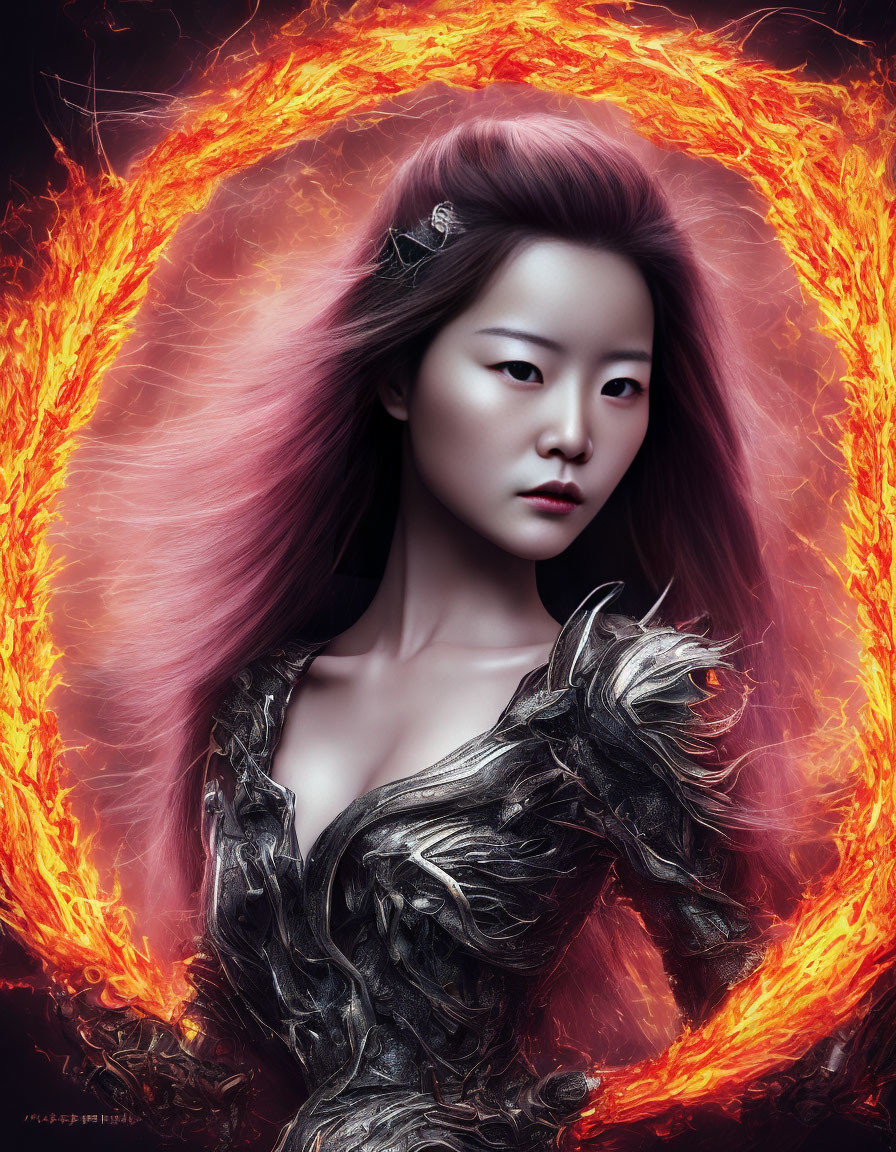 Mystical woman with flowing hair in metallic garment against dark background