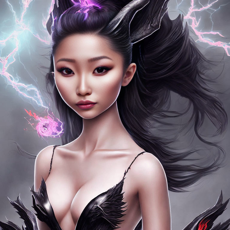 Digital portrait of woman in dark feather attire with flowing hair amidst purple lightning