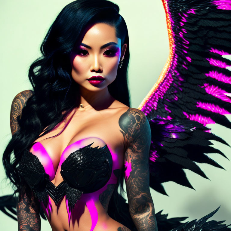 Woman with tattoos and black angel wings in striking makeup and dark feather-inspired top