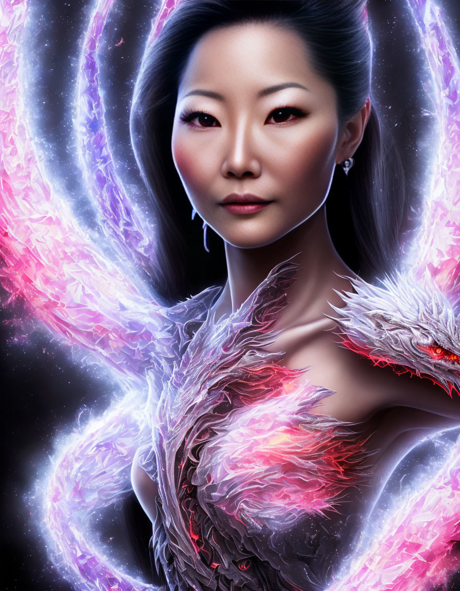 Enigmatic woman in digital portrait with swirling energy and feather-like garments
