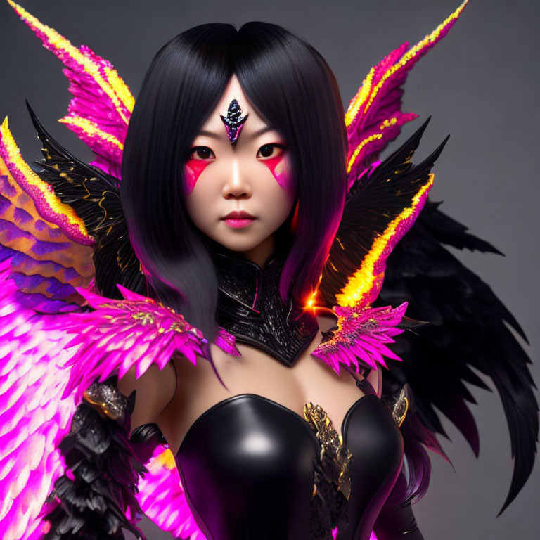 Digital artwork: Character with pink feathered wings, black armor, red eyes, black hair, mystical