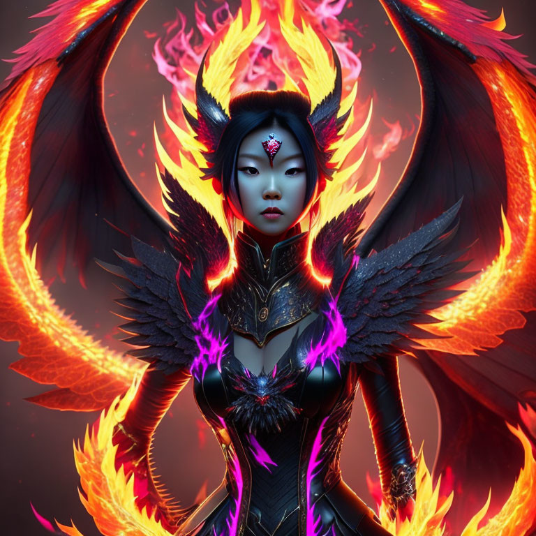 Fiery-winged female fantasy character in dark armor surrounded by flames