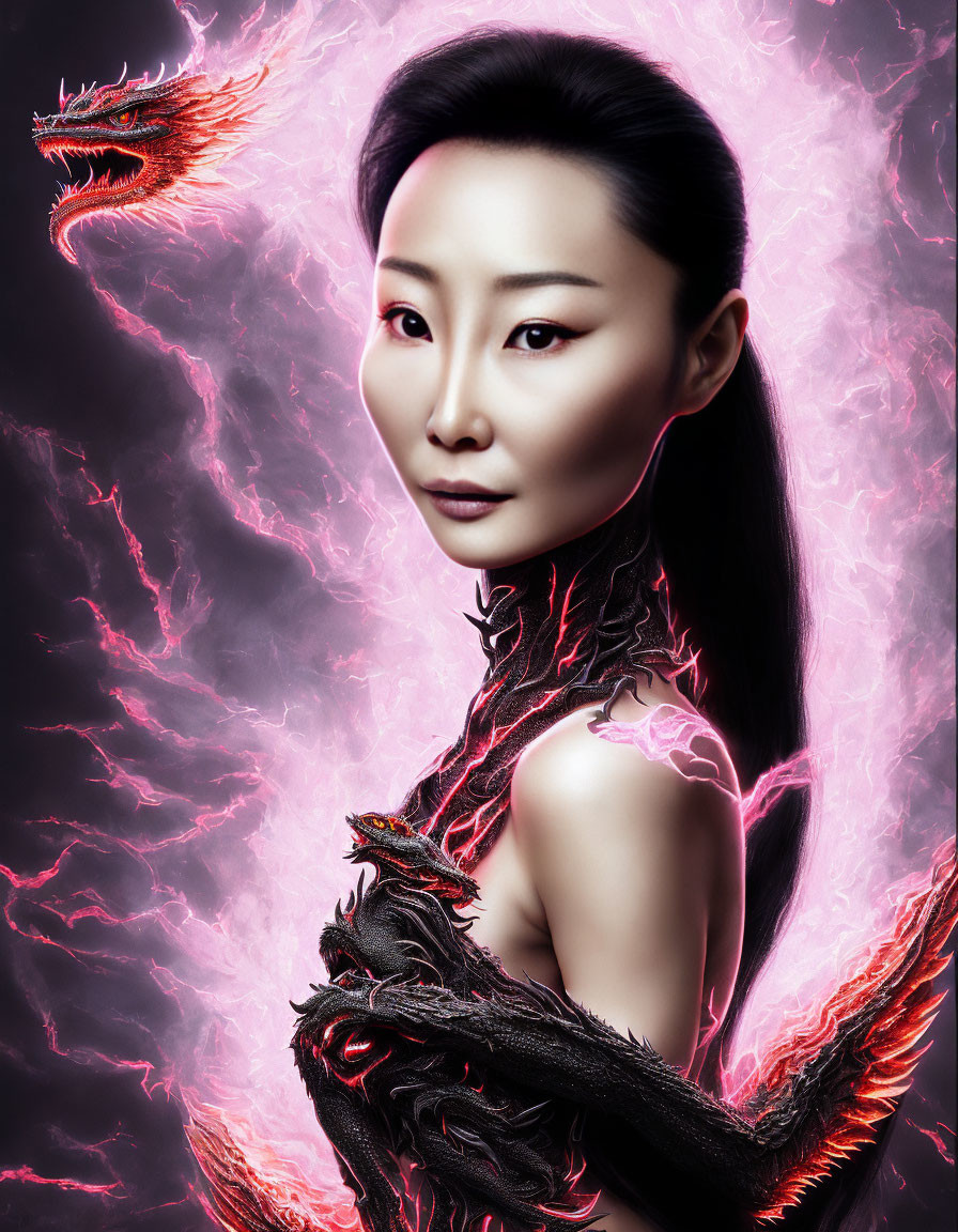 Serene woman with electric energy and dragons.