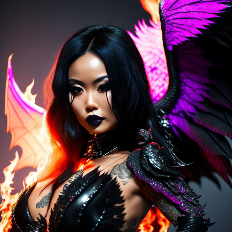 Dark-haired woman in gothic attire with tattoos and fiery graphics, sporting large purple wings.