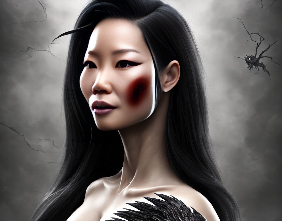 Digital portrait of woman with Asian features, dark hair, dramatic makeup, feather detail, misty backdrop
