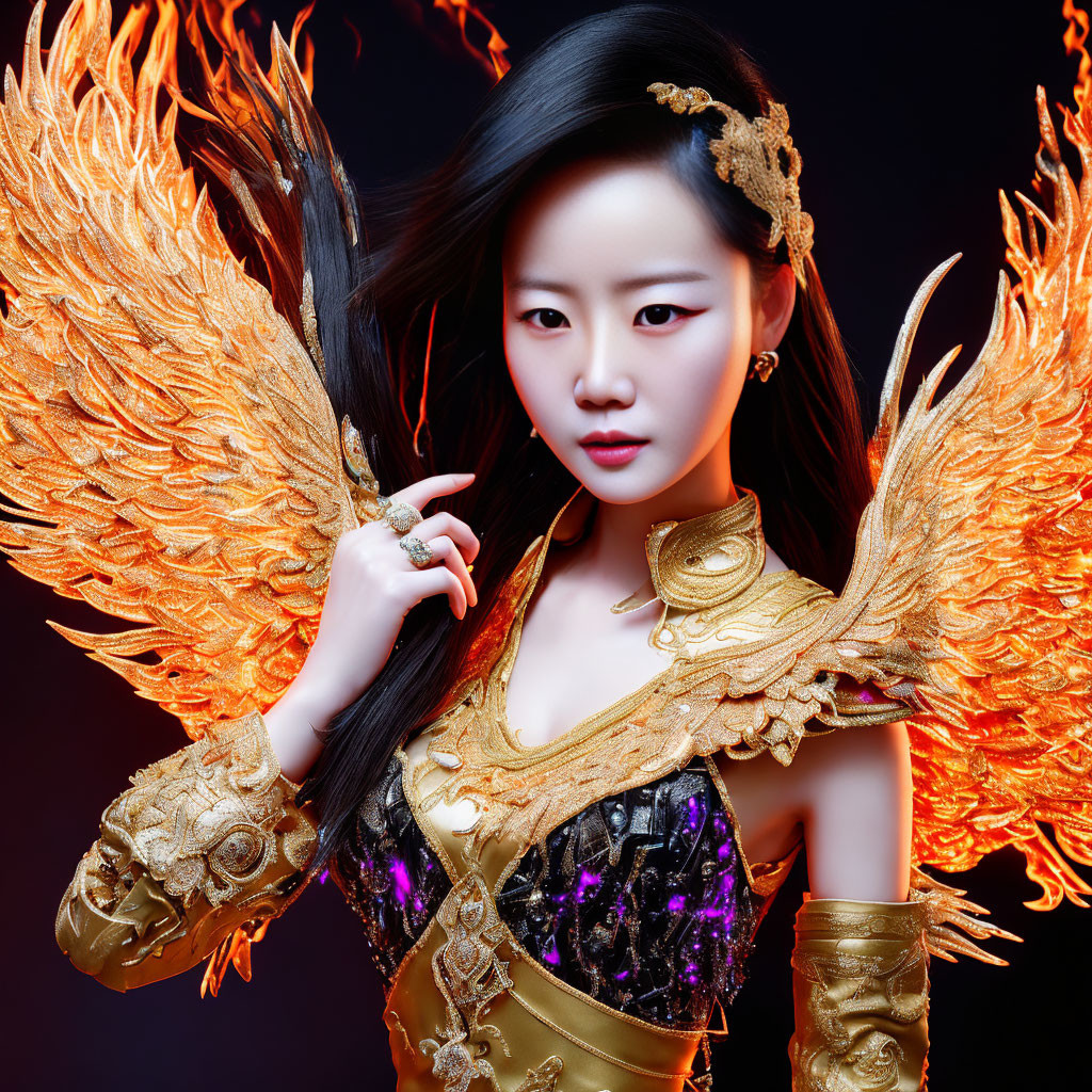 Elaborate costume with golden fiery wings and ornate detailing