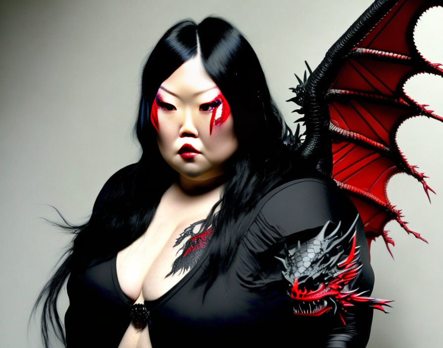 Person with Red Dragon-Themed Outfit and Dramatic Eye Makeup