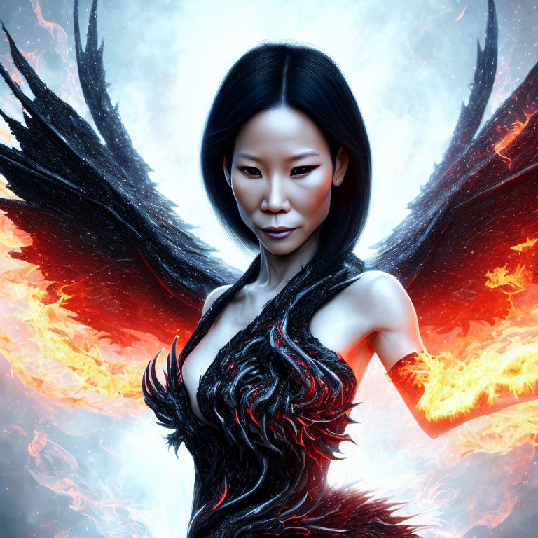 Digital Artwork: Woman with Fiery Wings and Red Eye Makeup