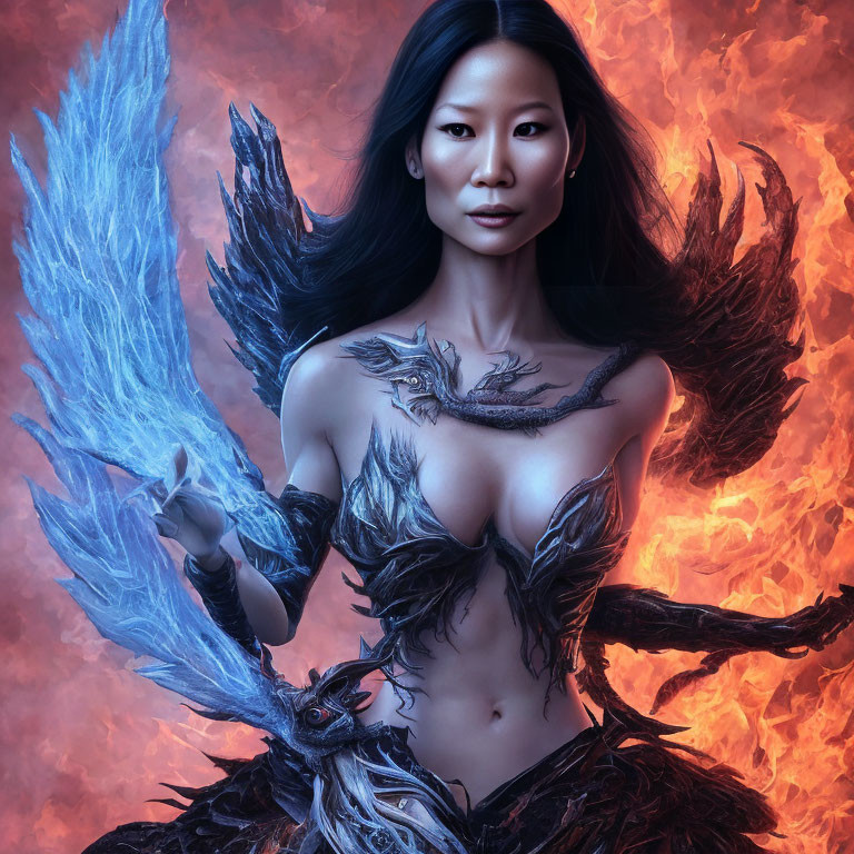 Dark-haired woman in fantasy dragon costume with plumage against fiery backdrop