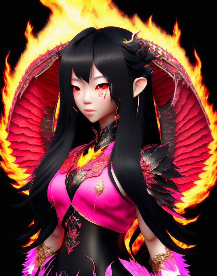 Illustrated female character: Black hair, red eyes, fiery wings