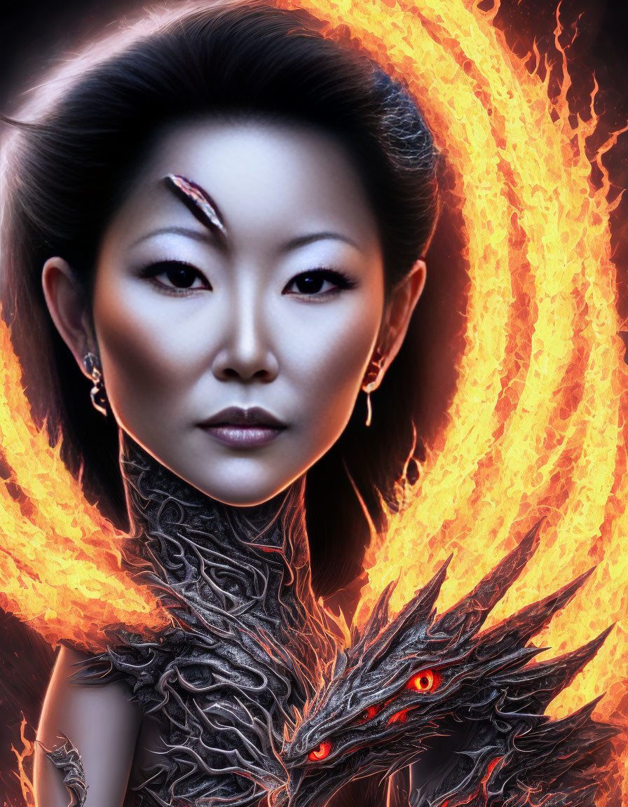 Intense woman with fiery aura and dragon-like creature.