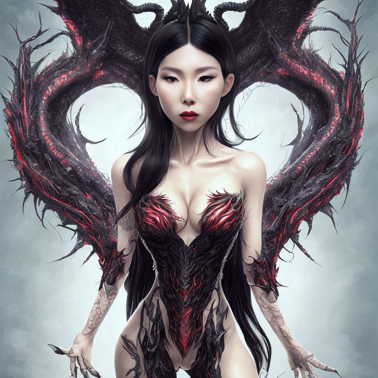 Dark female figure with ornate antlers, glowing heart, and sharp claws in eerie setting