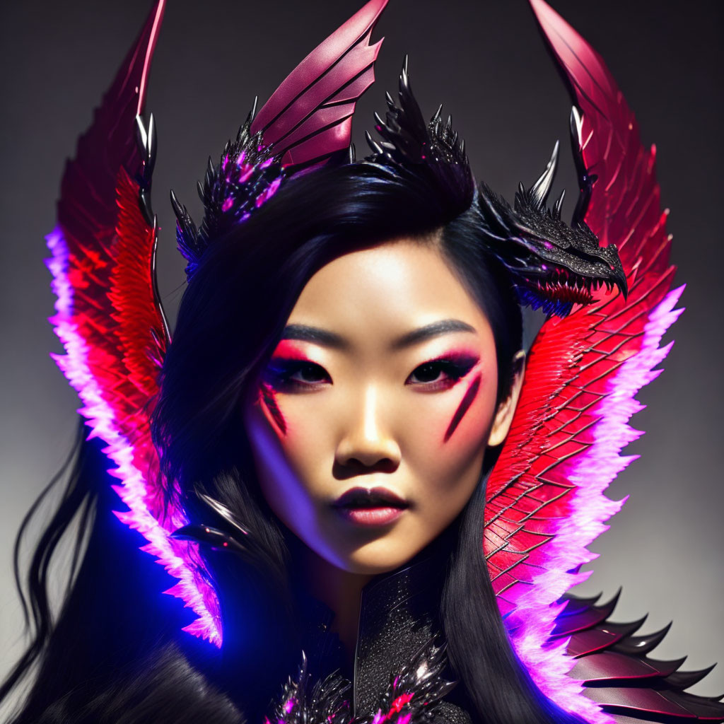 Woman with dramatic makeup and black hair wearing digital fantasy dragon wings headdress.
