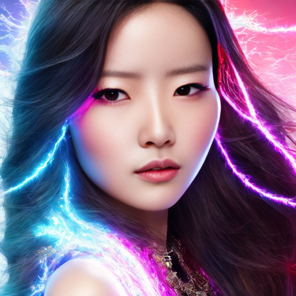 Vibrant neon portrait of woman with intense gaze in pink and blue lights