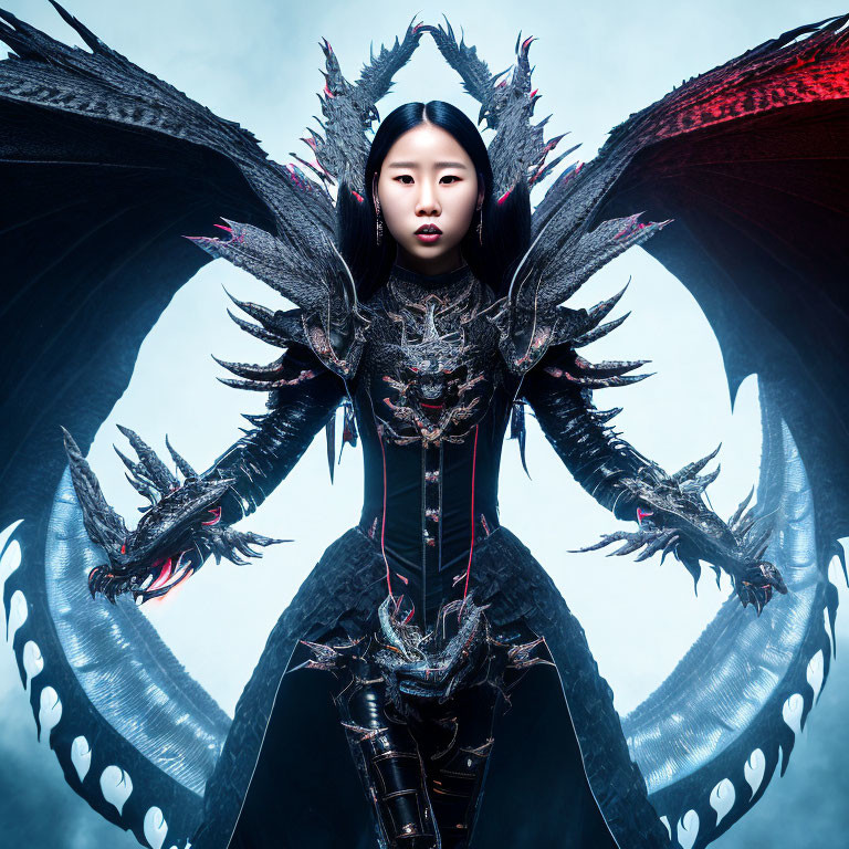 Elaborate Dark Costume with Wing-like Structures and Intricate Details