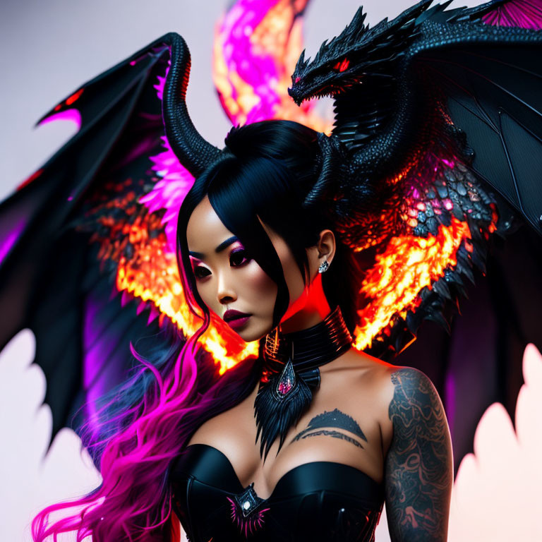 Fantastical black dragon with glowing eyes and fiery accents posed with person in dark outfit