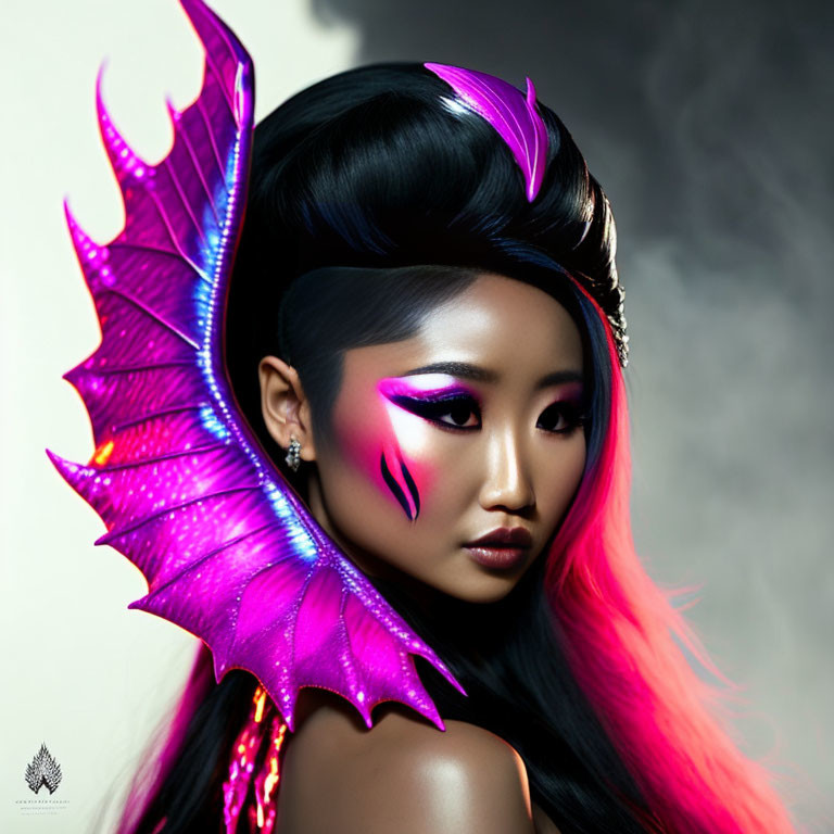 Woman with purple and pink fantasy dragon-wing themed makeup and hair.