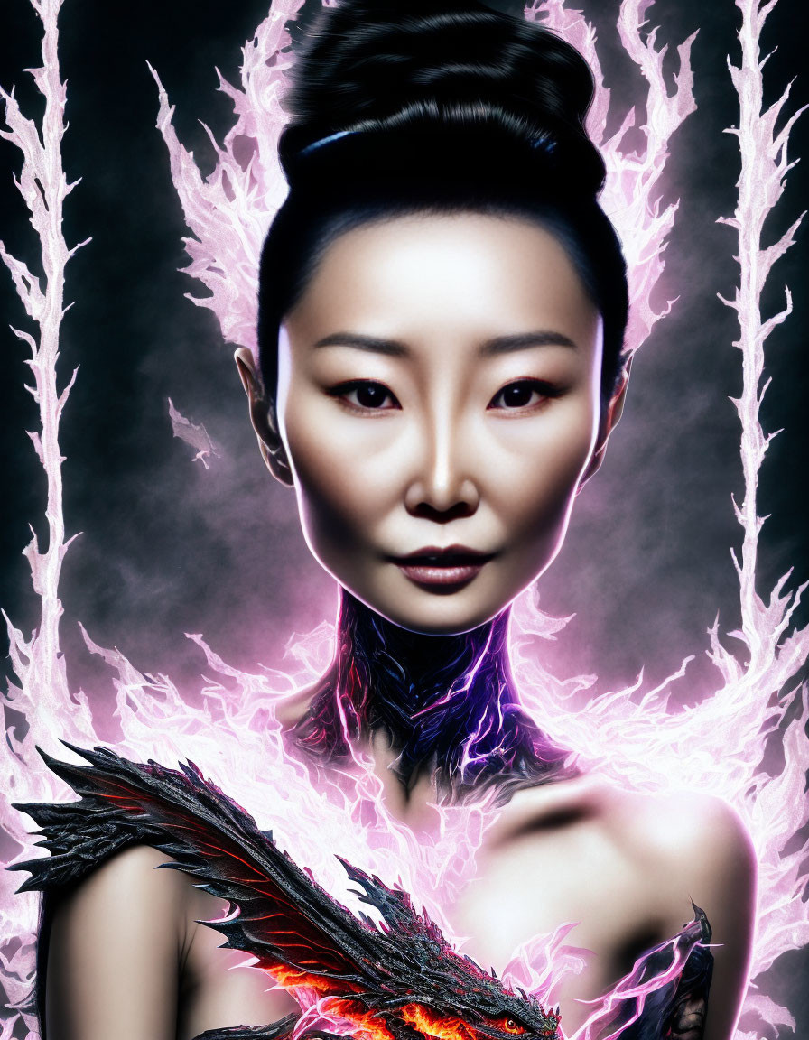 Portrait of Woman with Glowing Purple Energy and Dark Clothing