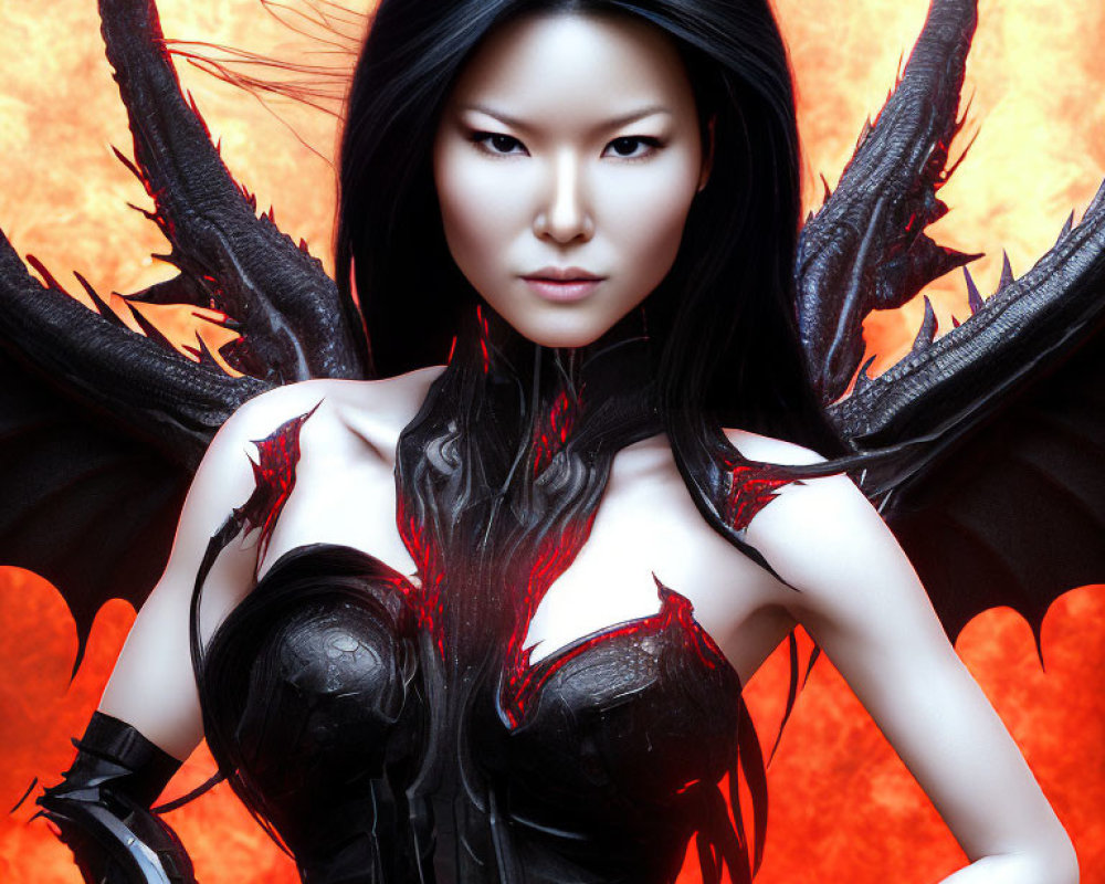 Illustrated female character with long black hair, dark winged armor, and black wings on fiery red