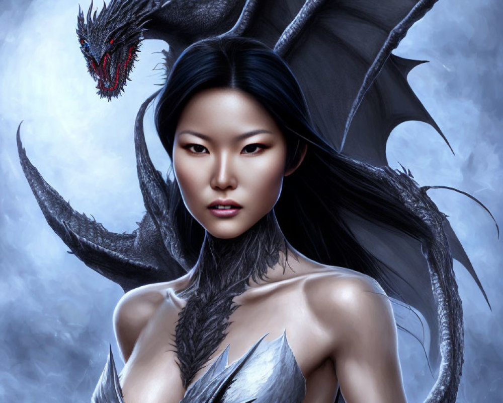 Dark-haired woman fantasy portrait with dragon-like features and menacing dragon in background