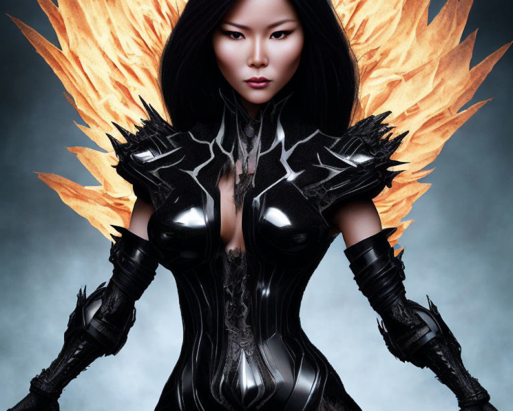 Fiery-winged woman in black armor against smoky background