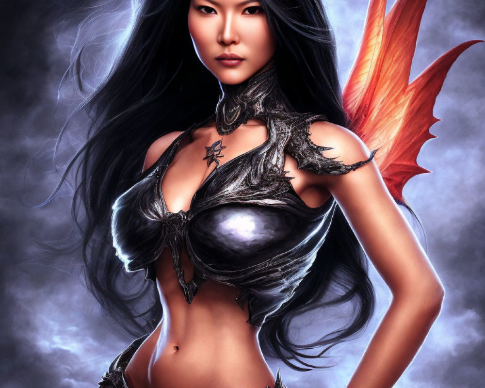 Fantasy female warrior digital artwork with black hair and dragon-themed armor