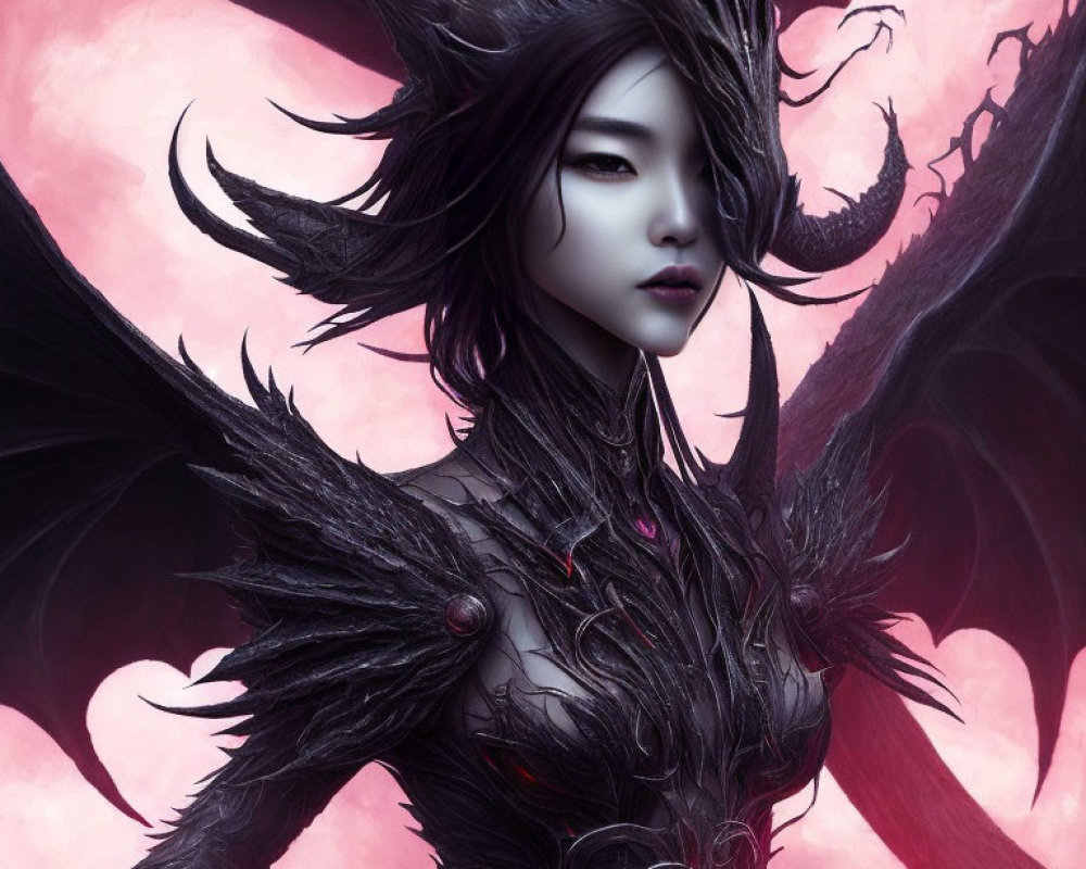 Fantastical female figure in black feathered armor on pink cloud backdrop
