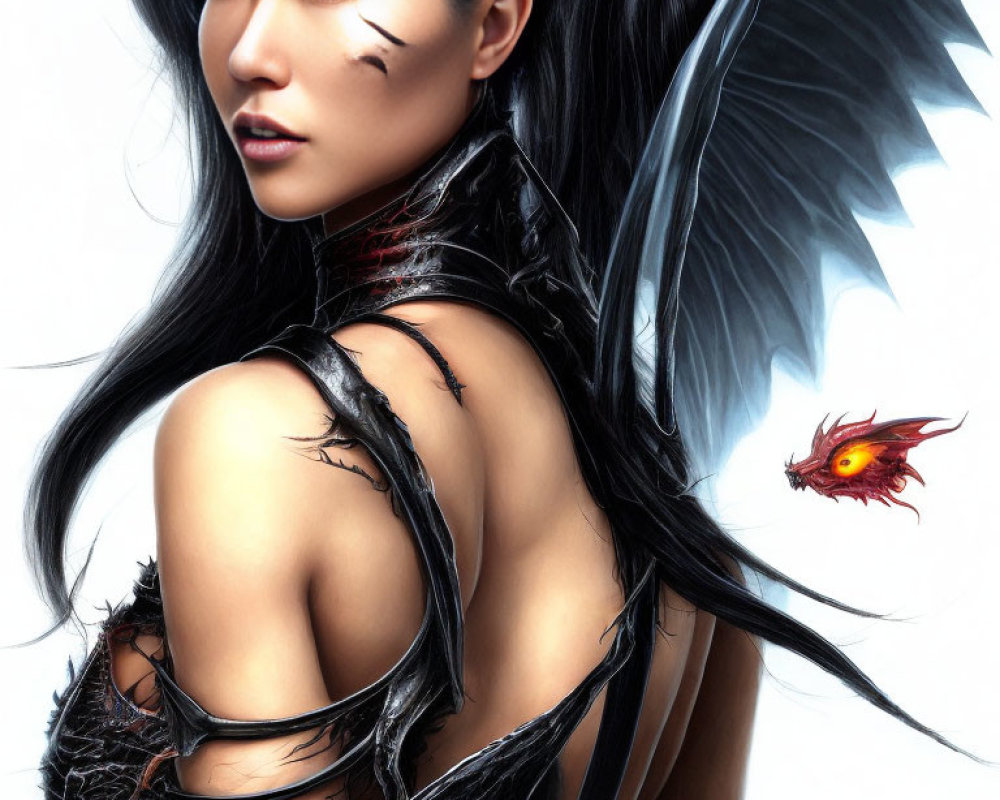 Digital artwork of woman in winged armor with fierce expression and red creature.