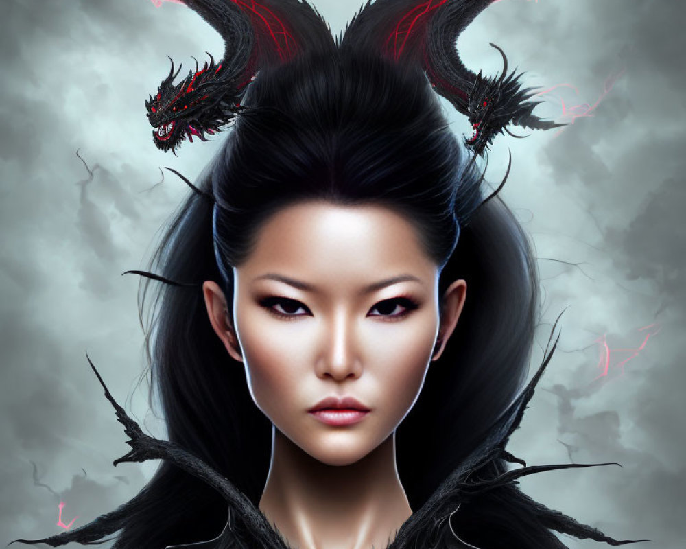 Digital artwork of a woman with pale skin and dark hair, black horns, and red accents on a