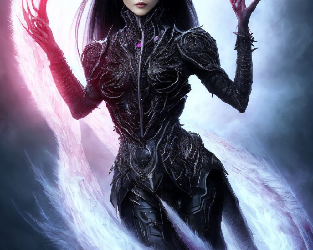 Digital Artwork: Woman in Black Armor with Red Weapons