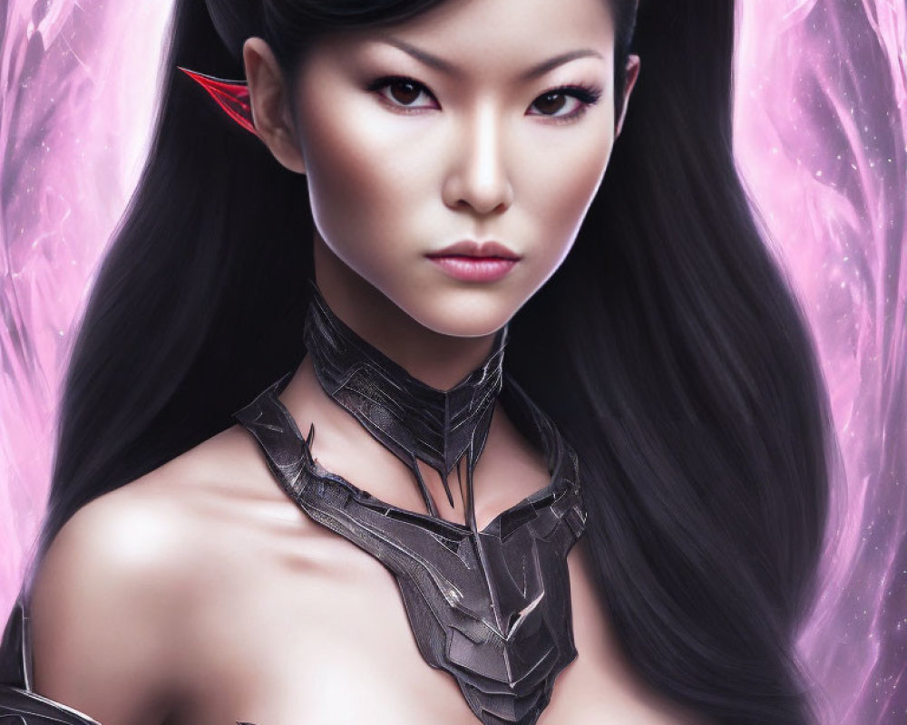 Asian Female with Dark Hair in Fantasy Armor on Pink Magical Background