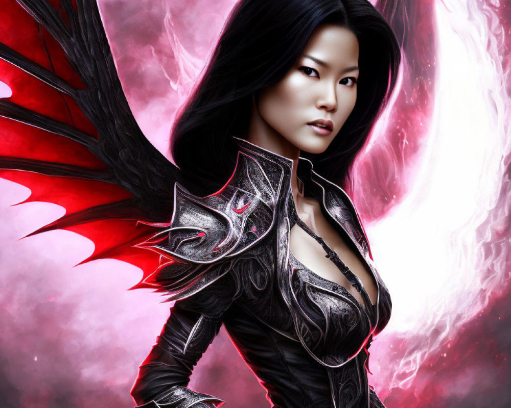Digital artwork of woman in dark armor with red wings and energy portal.