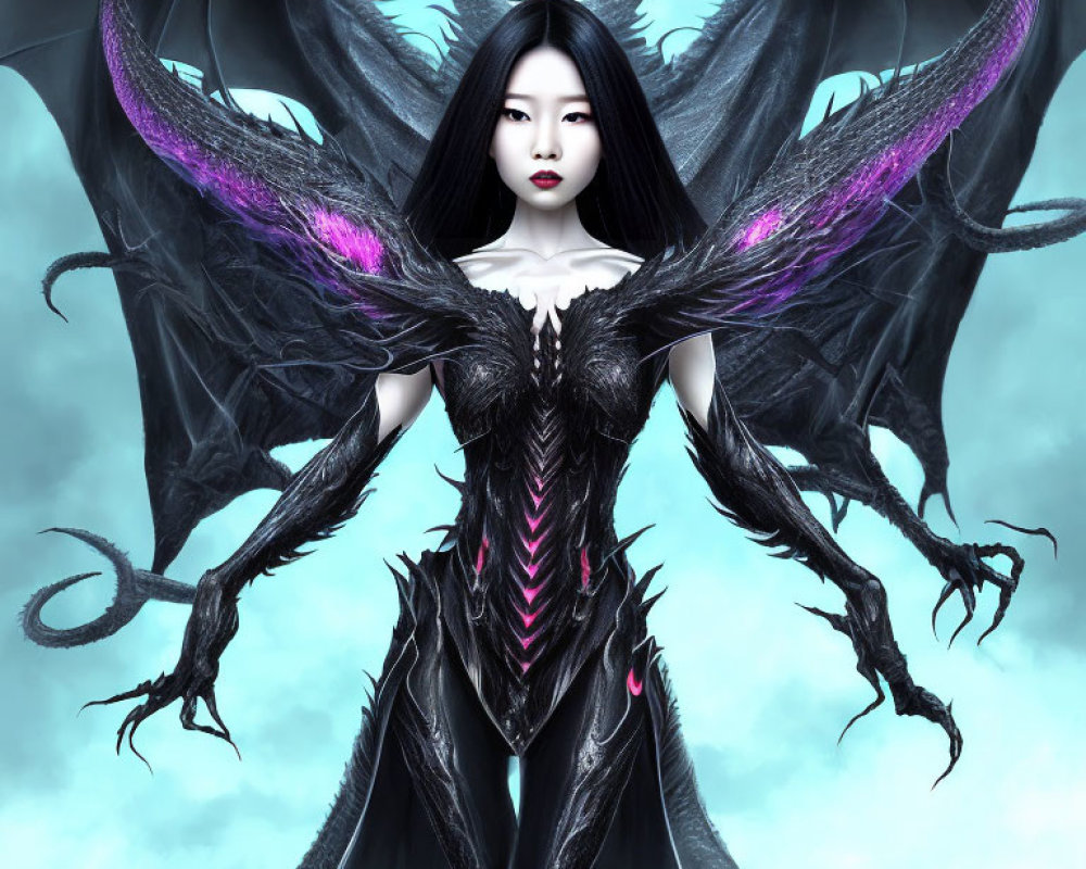 Dark angelic winged woman in armor with black hair and red lips against a cool blue backdrop