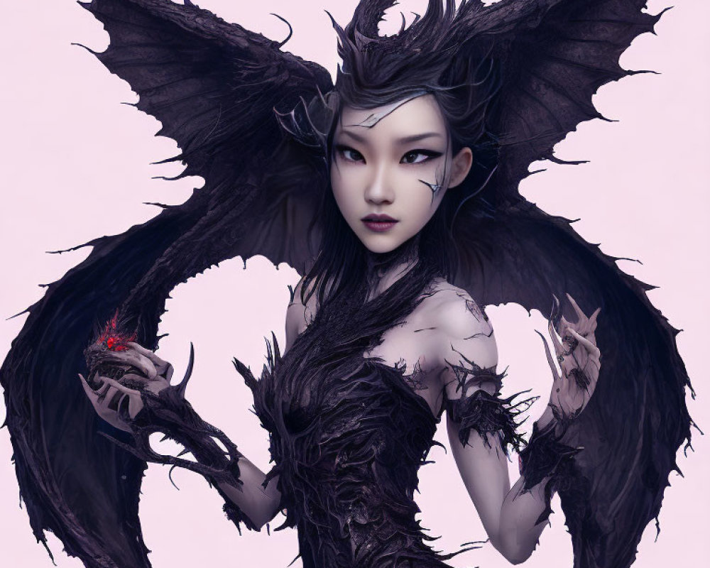 Fantasy digital artwork of female character with dark wings and intricate attire