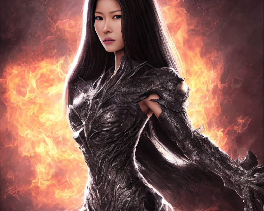 Digital Artwork: Woman in Dark Armor on Fiery Background