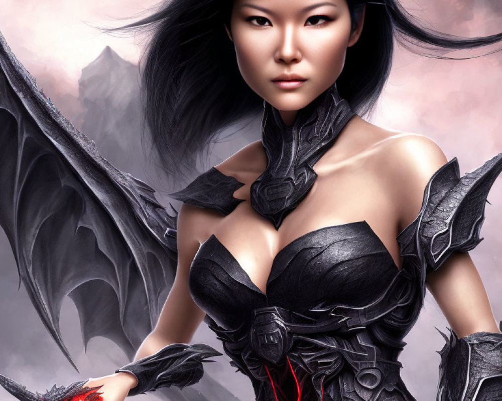 Illustrated Female Warrior in Black Winged Armor Holding Red Dragon