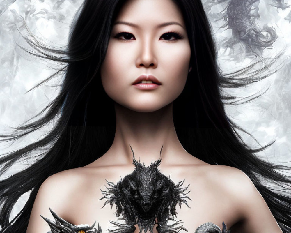 Woman with long black hair and dragon-like creatures on shoulders in mystical setting