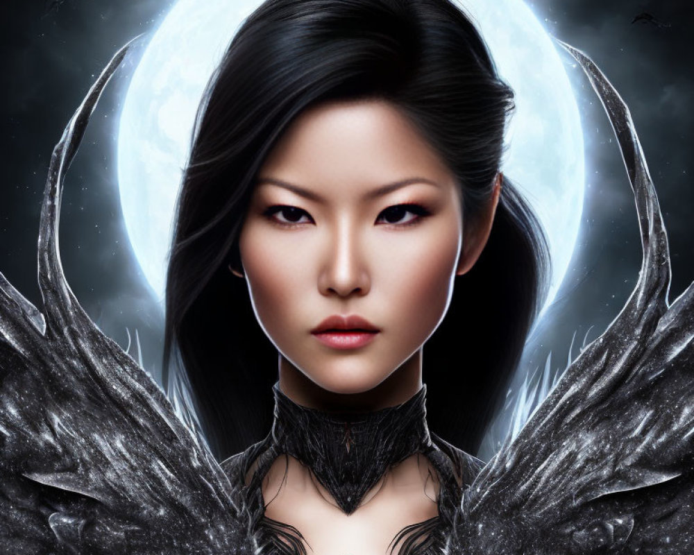 Digital Artwork: Pale-skinned woman with dark hair and red eyes, black feathered shoulders,
