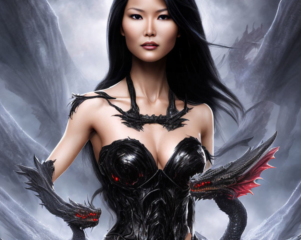 Digital Artwork: Woman in Dragon-Themed Armor with Black Hair