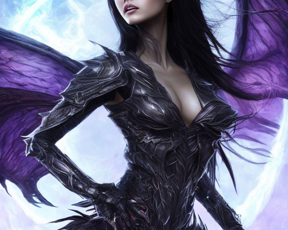 Dark-haired woman in black armor against mystical backdrop with billowing cape