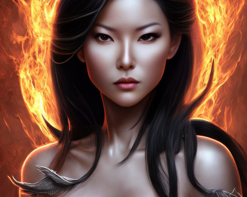 Intense portrait of a woman with powerful gaze and fiery backdrop.
