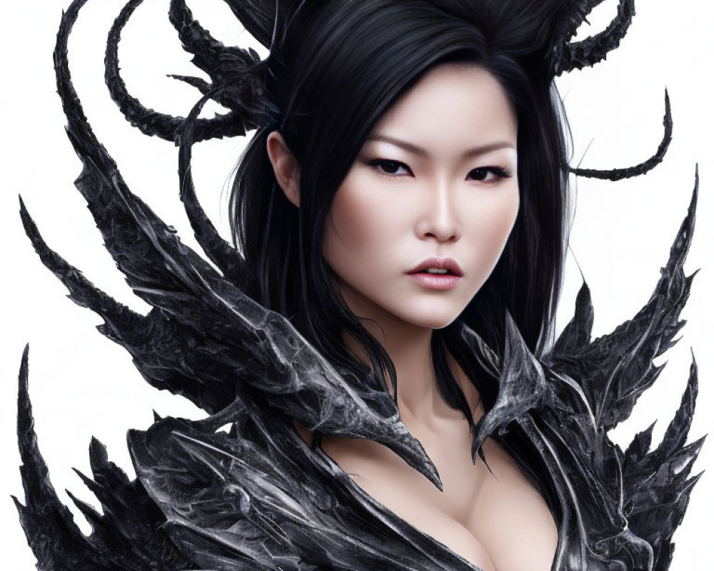 Digital Artwork: Woman with Stylized Black Hair & Ornate Dark Armor