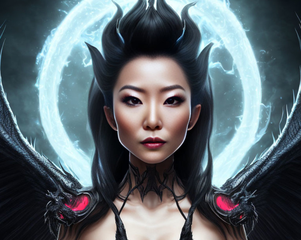 Digital Artwork: Woman with Dark Crown and Mystical Energy Circle
