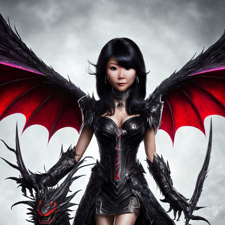 Illustration of woman with black hair, dragon wings, and dragon-themed armor