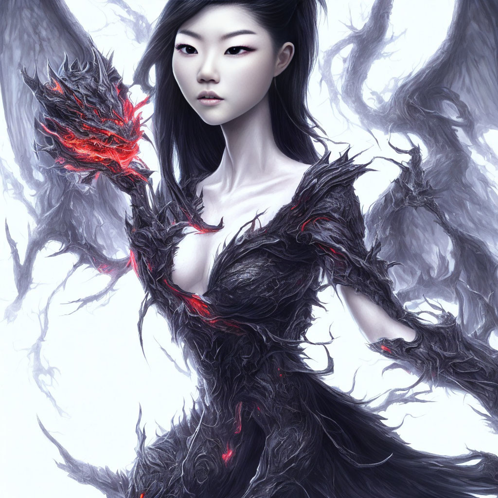 Pale-skinned woman in dark branch-like armor with red accents on misty white backdrop