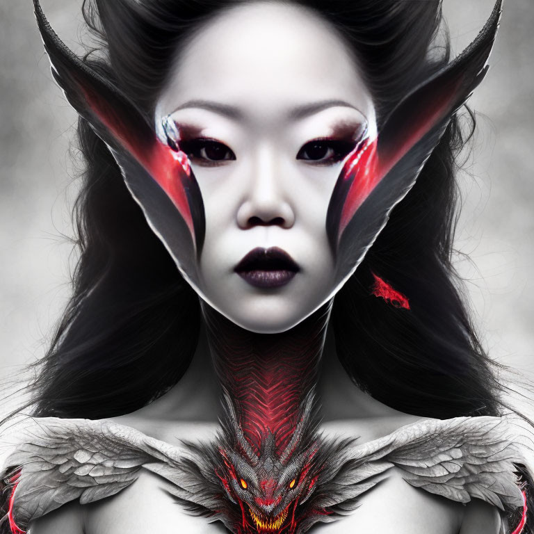 Fantasy-themed woman portrait with dramatic makeup and dragon accessory