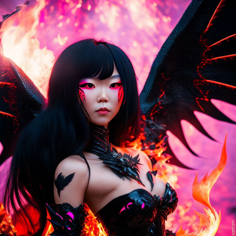Dark fantasy cosplay with black wing-like extensions in fiery backdrop