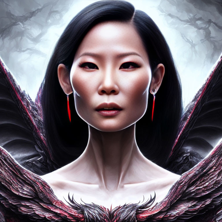 Digital artwork: Asian woman with red earrings and dark feathered wings