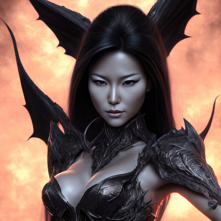 Intense gaze woman as dark fantasy creature with black wings and armor on fiery backdrop