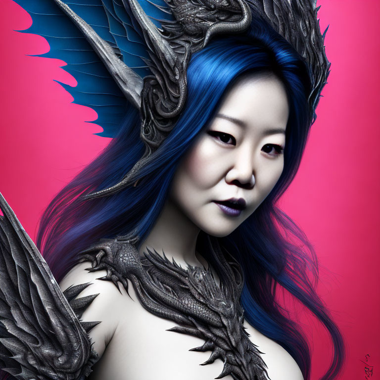 Blue-haired woman in dragon-themed armor on pink background